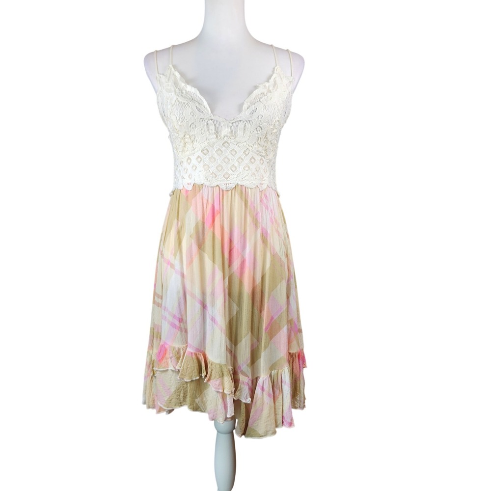 Free People FP One Adella Mini Dress Womens Large Pink‎ Olive Crochet Lace Plaid